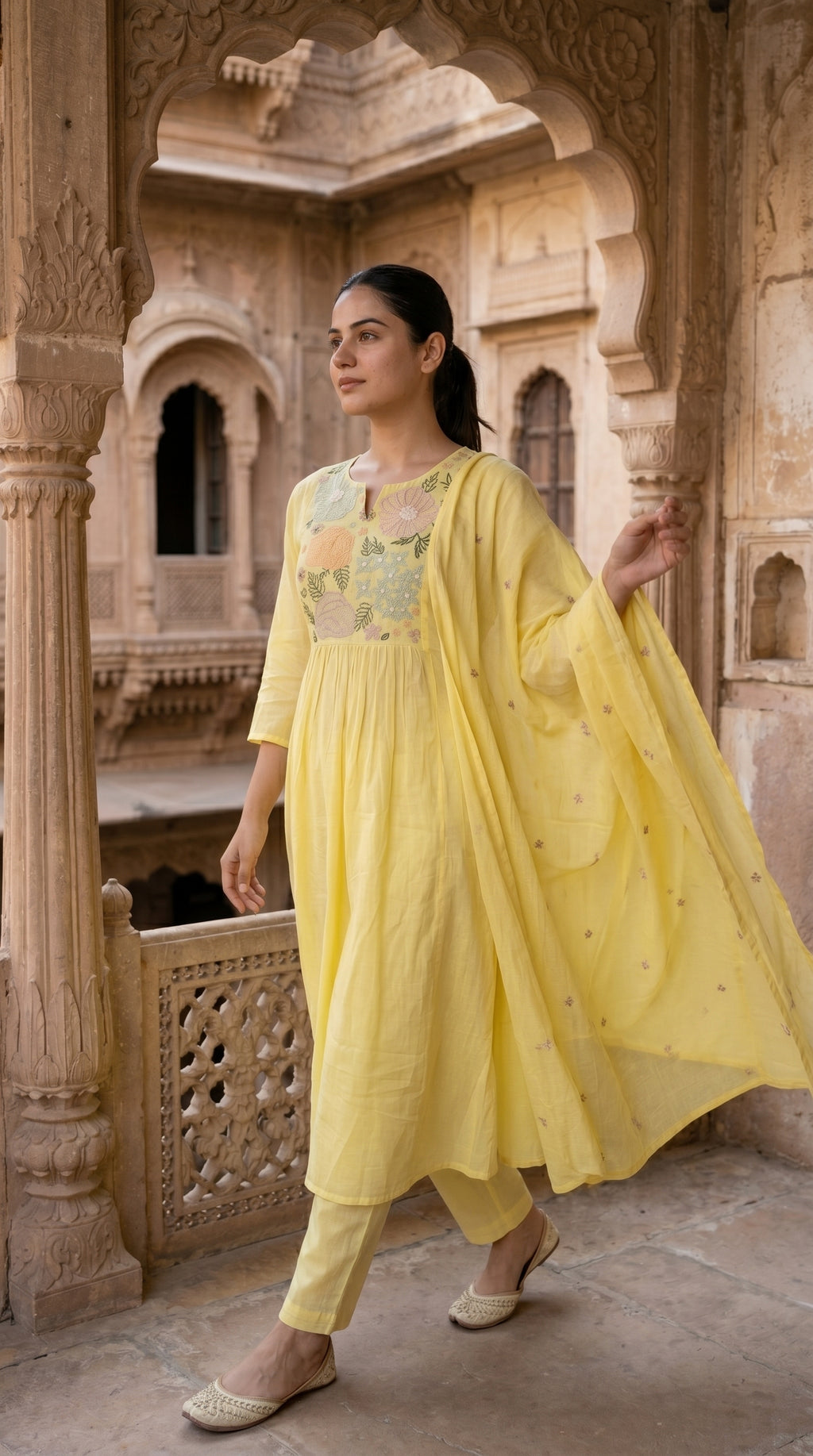 Lemon Yellow Floral Embroidered Mal Cotton A-Line Suit Set