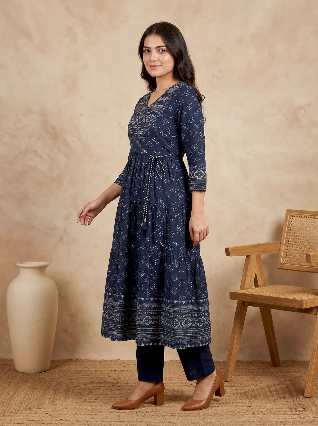 Navy Blue Bagru Print Premium Cotton Tiered Anarkali Kurta Set
