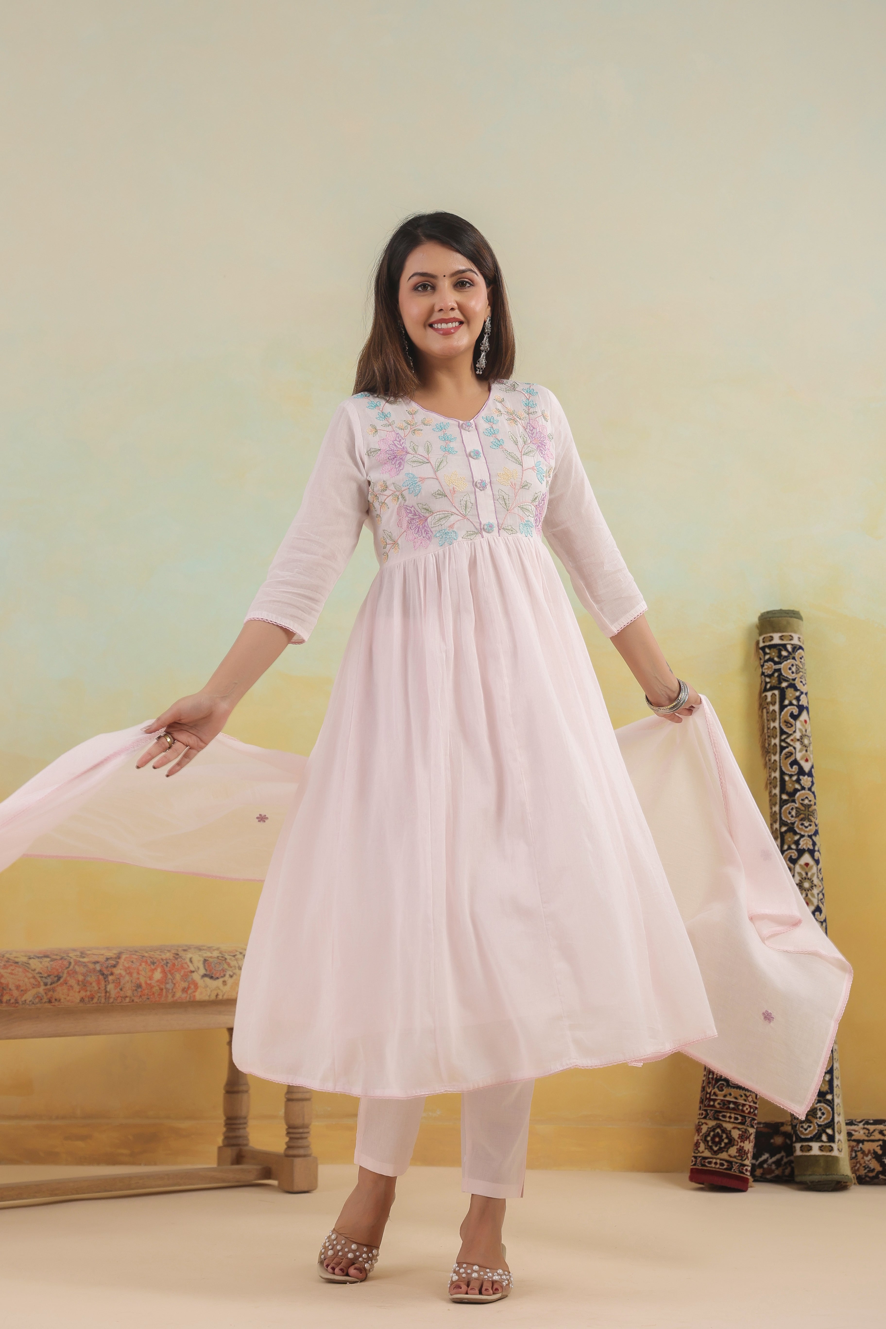 Anarkali Pastel Pink Mul  Cotton Suit