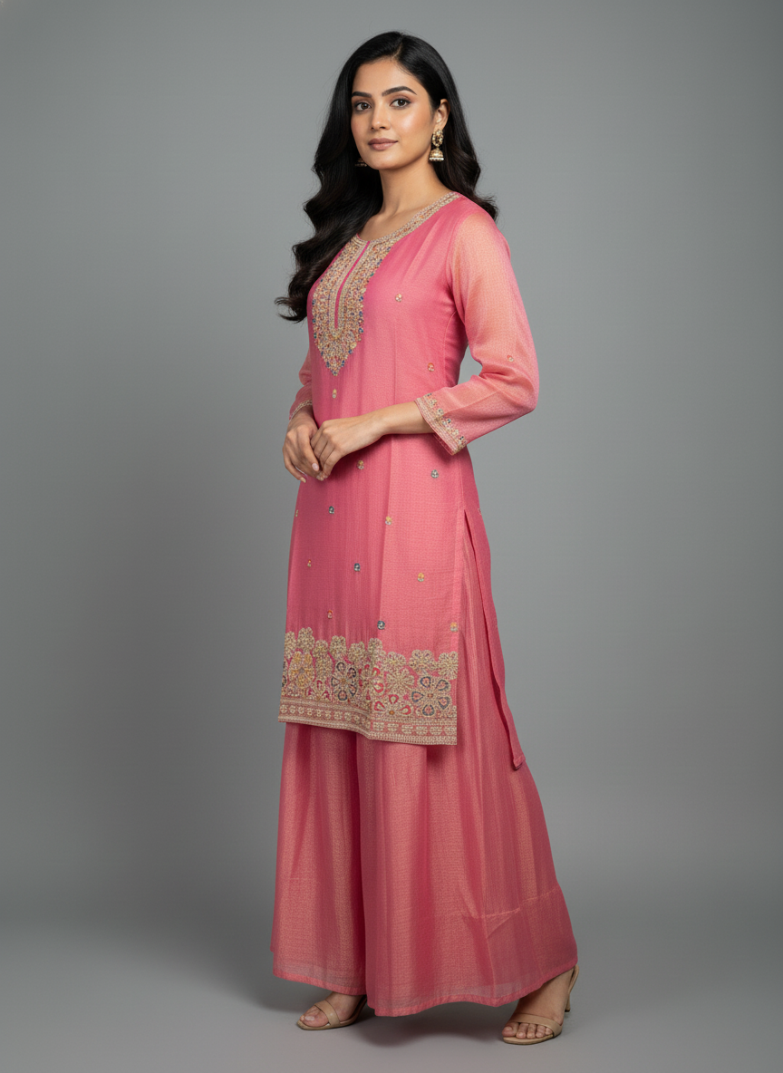 The Amara Floral Embroidered Suit Set - Pink