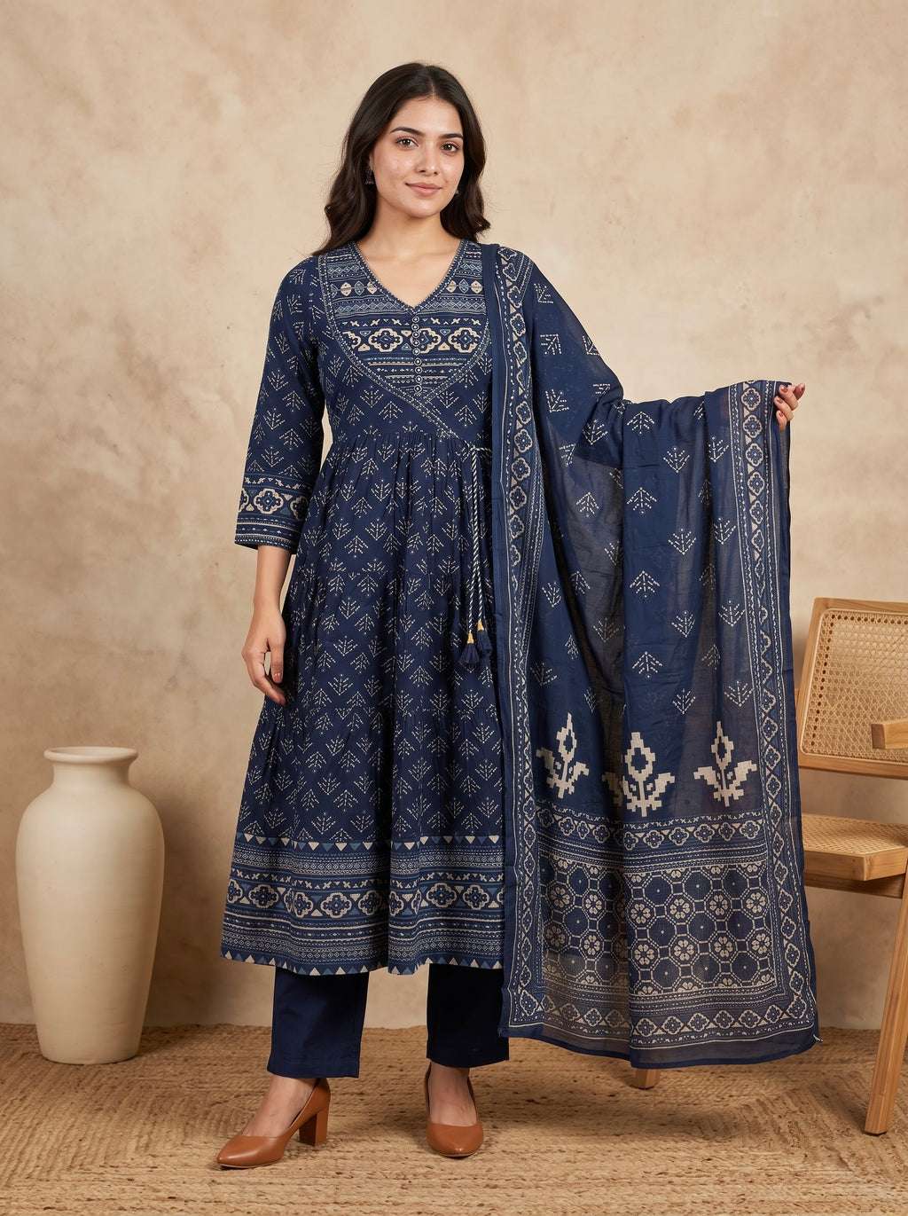 Navy Blue Bagru Print Premium Cotton Tiered Anarkali Kurta Set