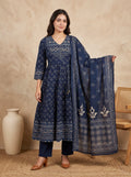 Navy Blue Bagru Print Premium Cotton Tiered Anarkali Kurta Set