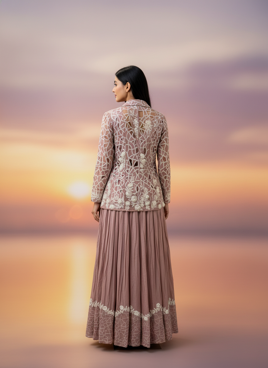 Lavender Embroidered Jacket Lehenga Set - Exquisite Crepe Ensemble