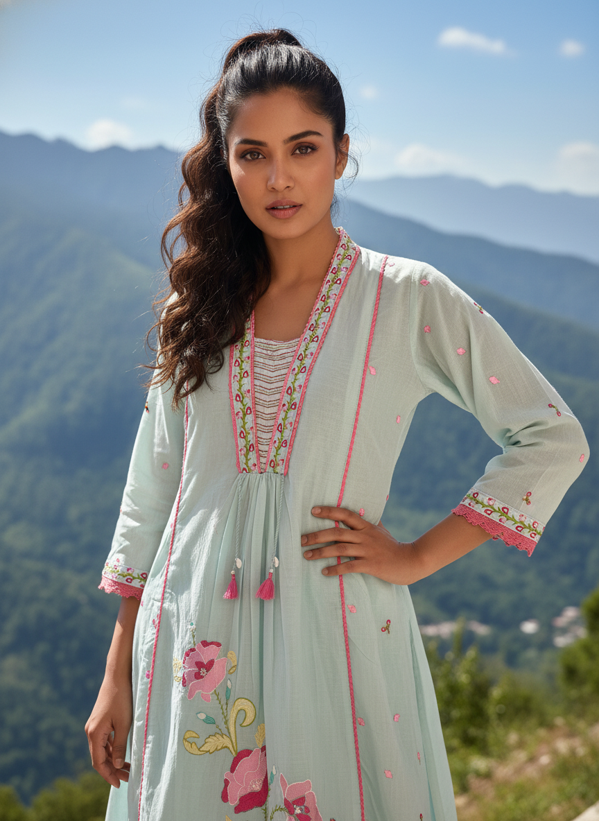 Pastel Mint & Rose Floral Embroidered Cotton Kurta Set with Palazzo