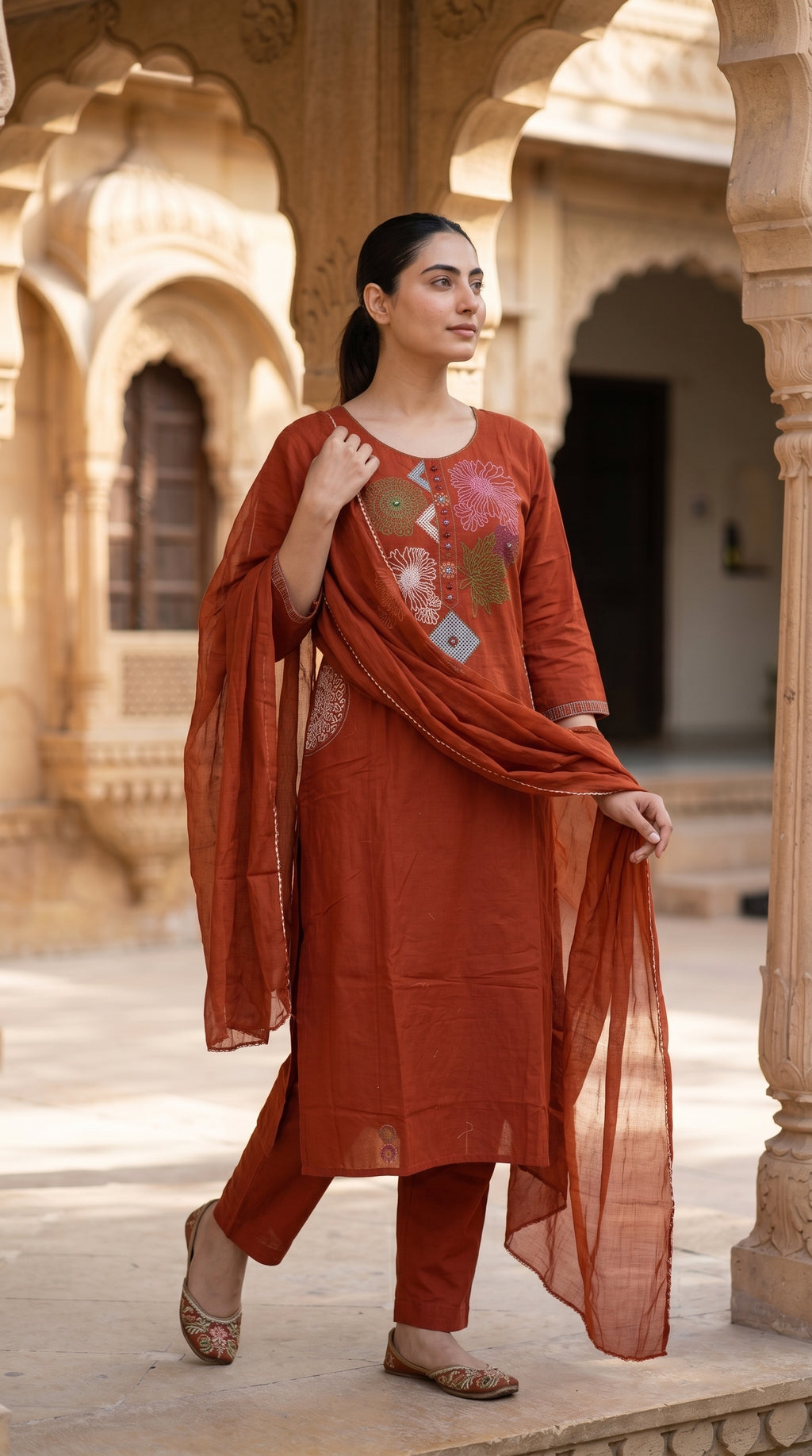 Rust Floral Embroidered Cotton Kurta Set – Mirror Work Straight Suit
