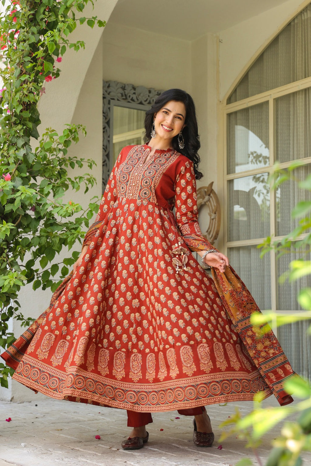 Gulnaar Rust Cotton Anarkali Set