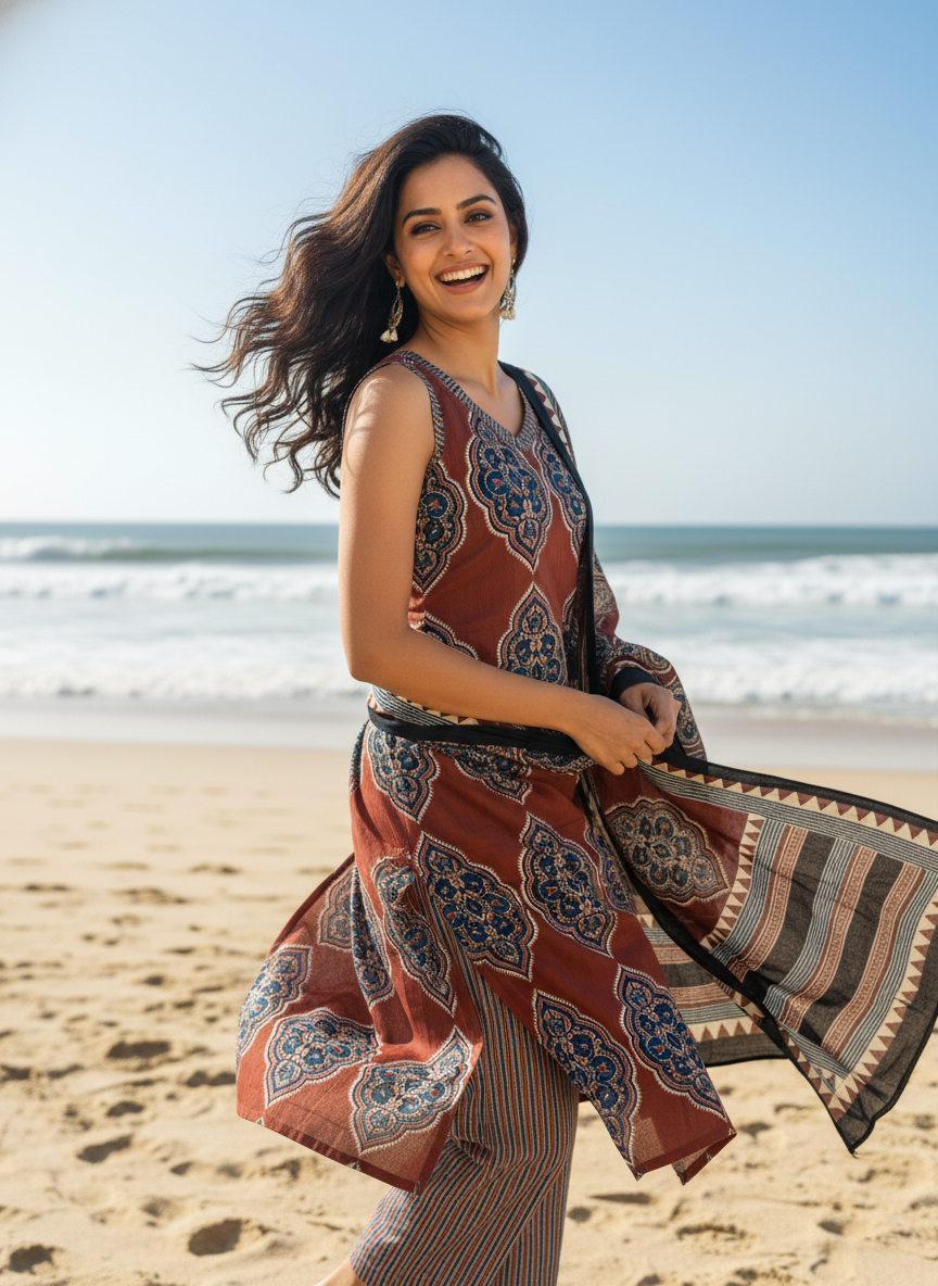 Indigo Ajrakh Print Cotton Sleeveless Kurta Set with Palazzo