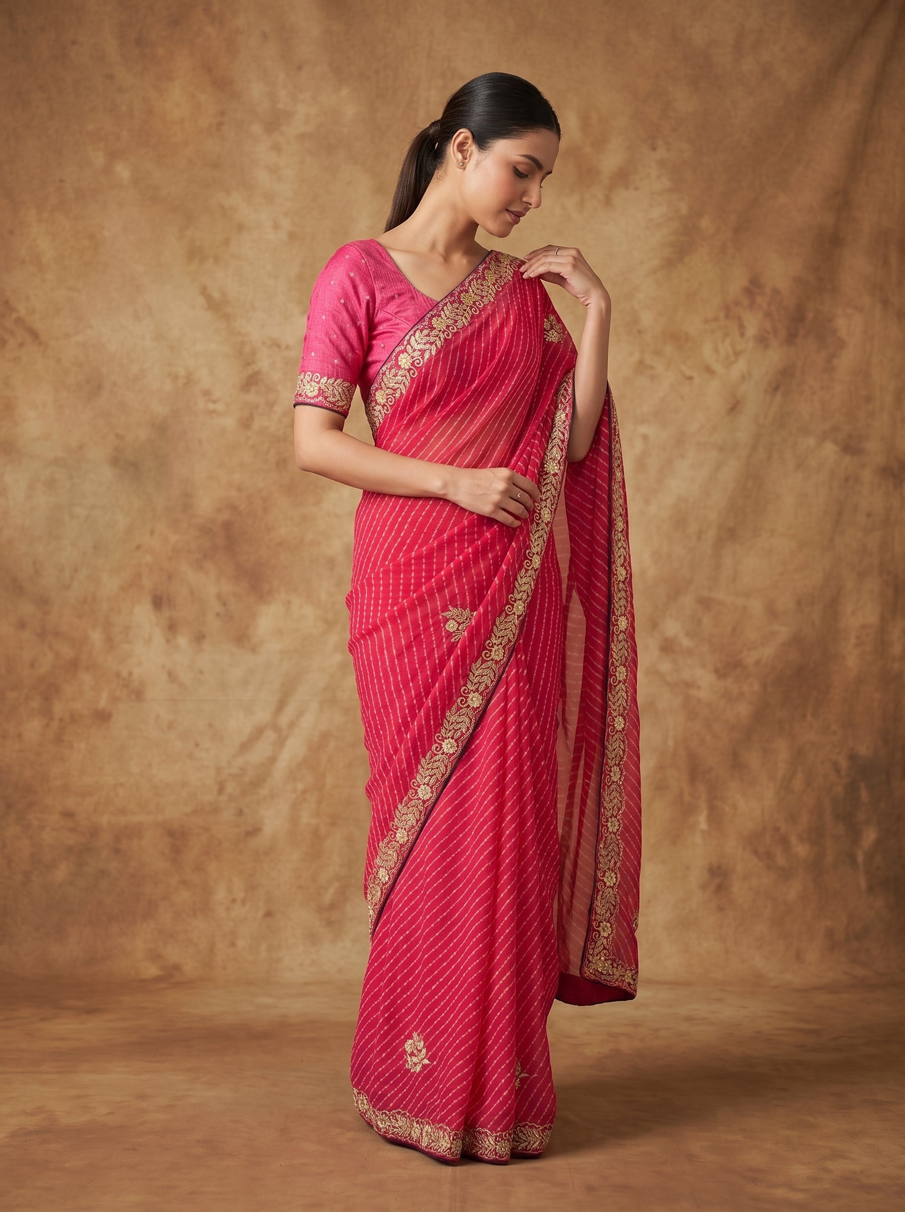 Rani Pink Leheriya Georgette Saree with Gold Zardozi Embroidered Border & Blouse Piece