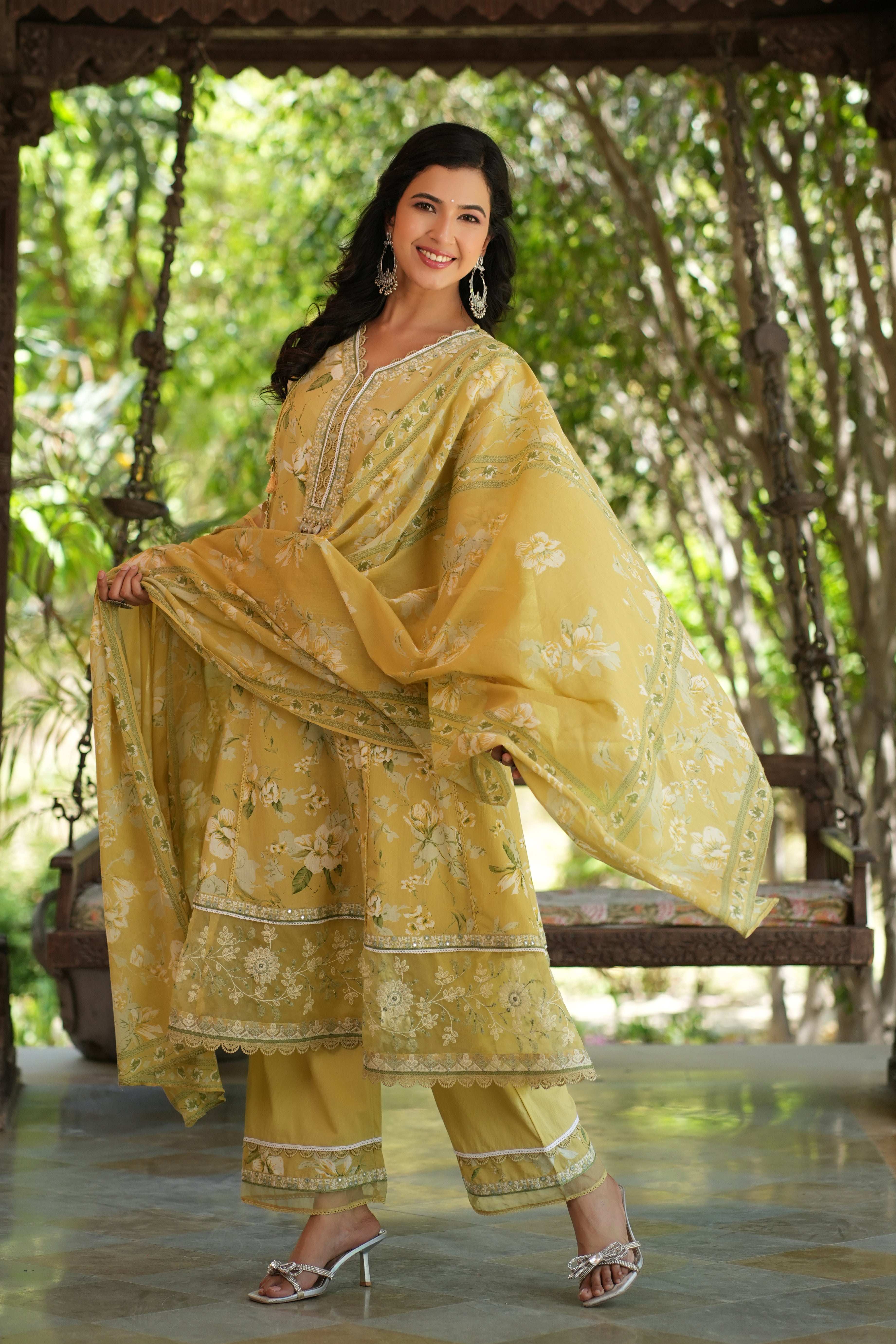 Yellow A-line Anarkali With Border