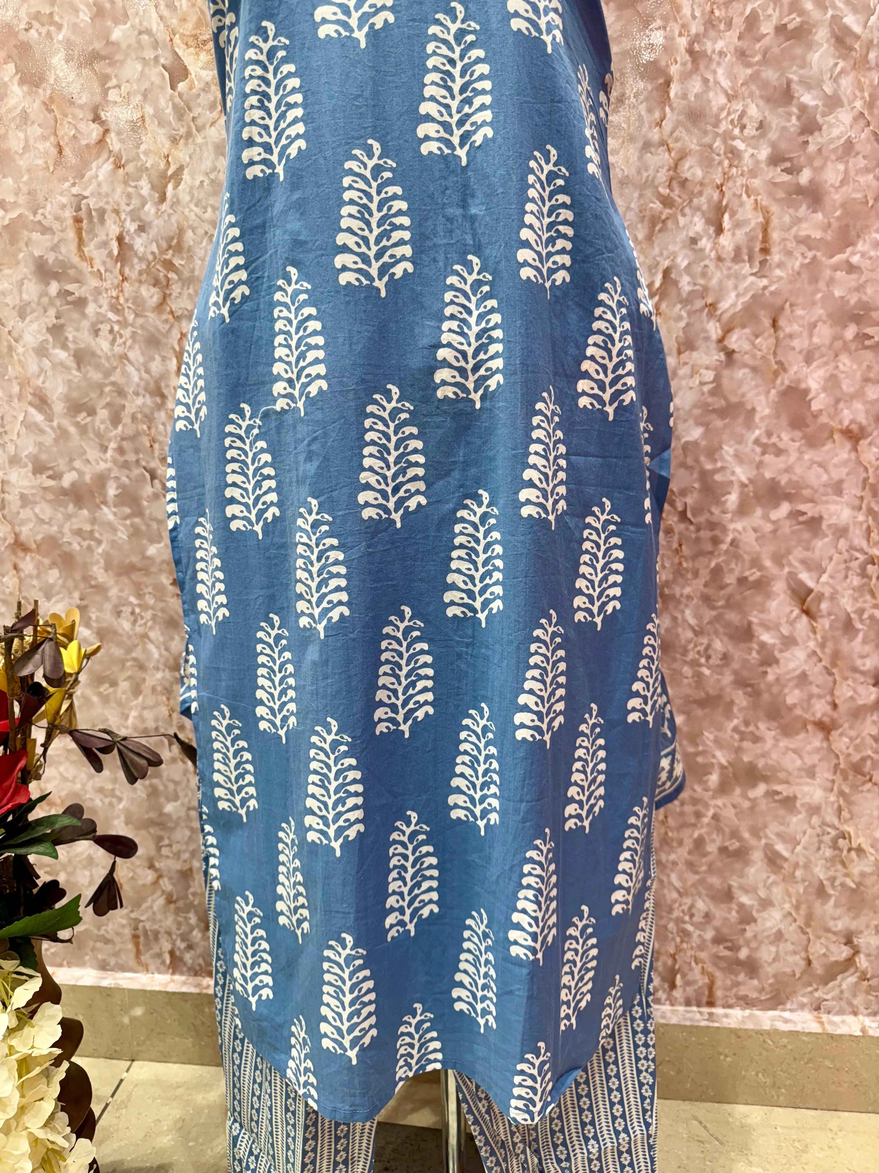 Elegant Indigo Handblock Printed Cotton Suit Set