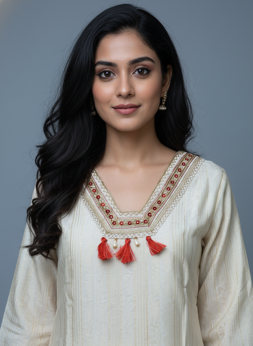 Cream Tissue Silk Salwar Suit Set with Red Bandhani Dupatta