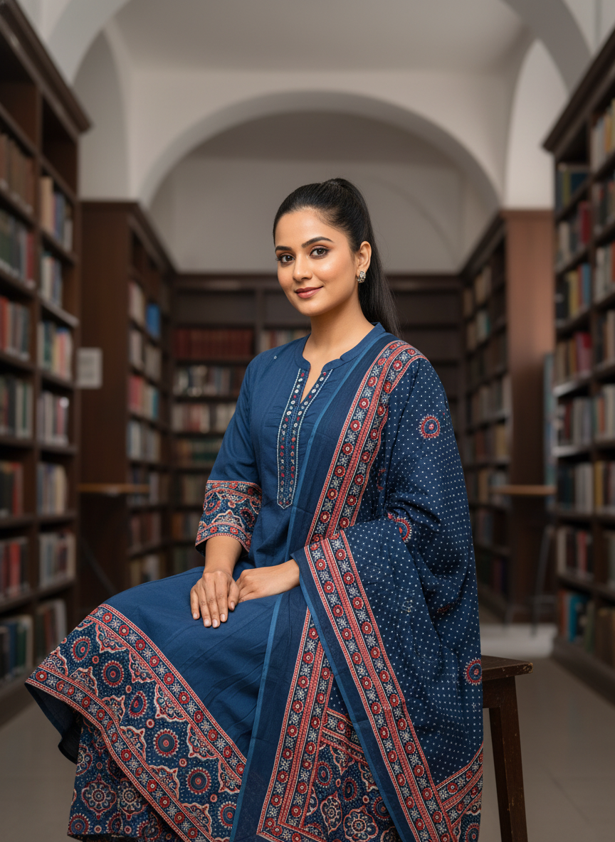 Royal Indigo Ajrakh Print Suit Set with Mirror-Work Neckline