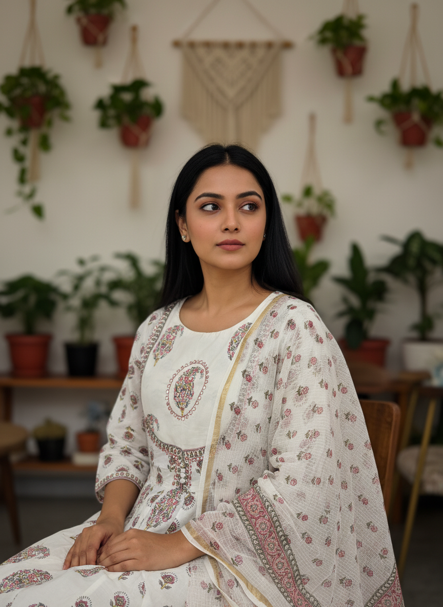 Ivory Blossom Hand-Block Printed Anarkali Set with Cotton Dupatta
