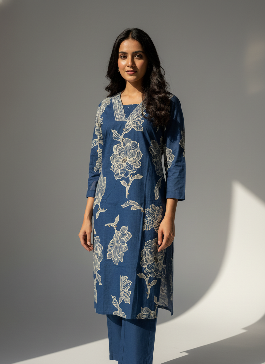 Blue Floral Print Cotton Kurta Set with Dupatta