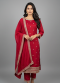 Red Viscose Kurta Set with Zari Embroidery & Sequin Work