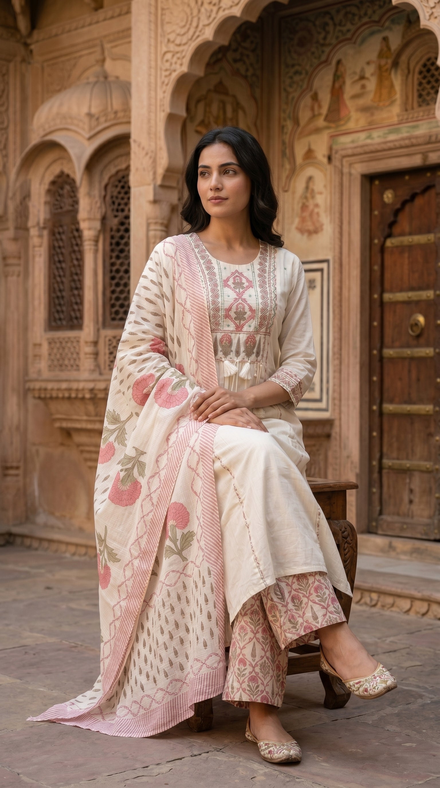 Ivory & Pink Floral Embroidered With  Block Print Cotton Kurta Set for Women – A-Line Daily & Office Wear Suit