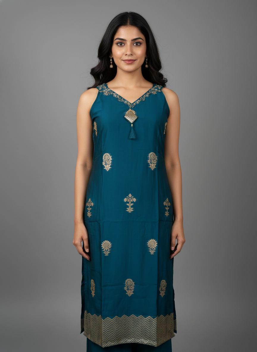 Luxurious Teal Blue Silk Kurta Set
