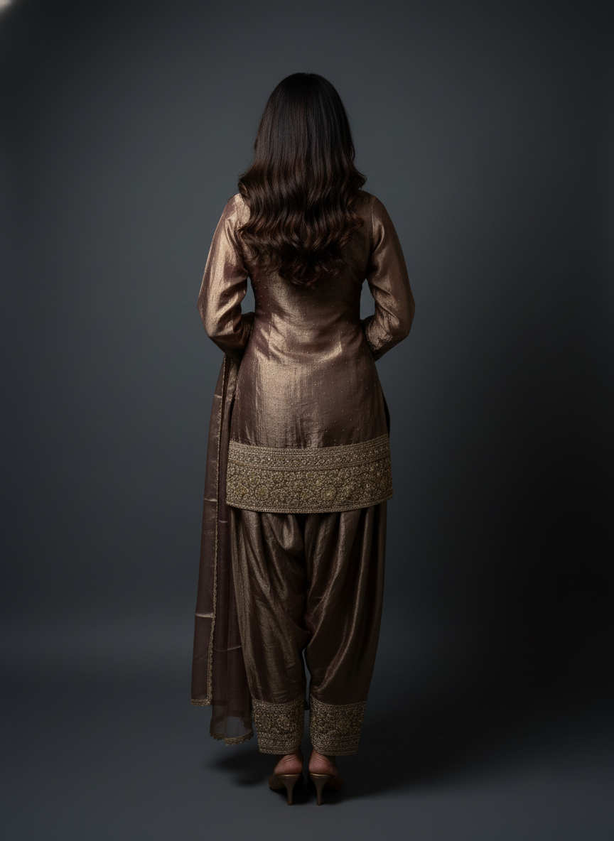 Dusty Brown Two-Tone Silk Blend Farsi Suit with Zari Embroidery