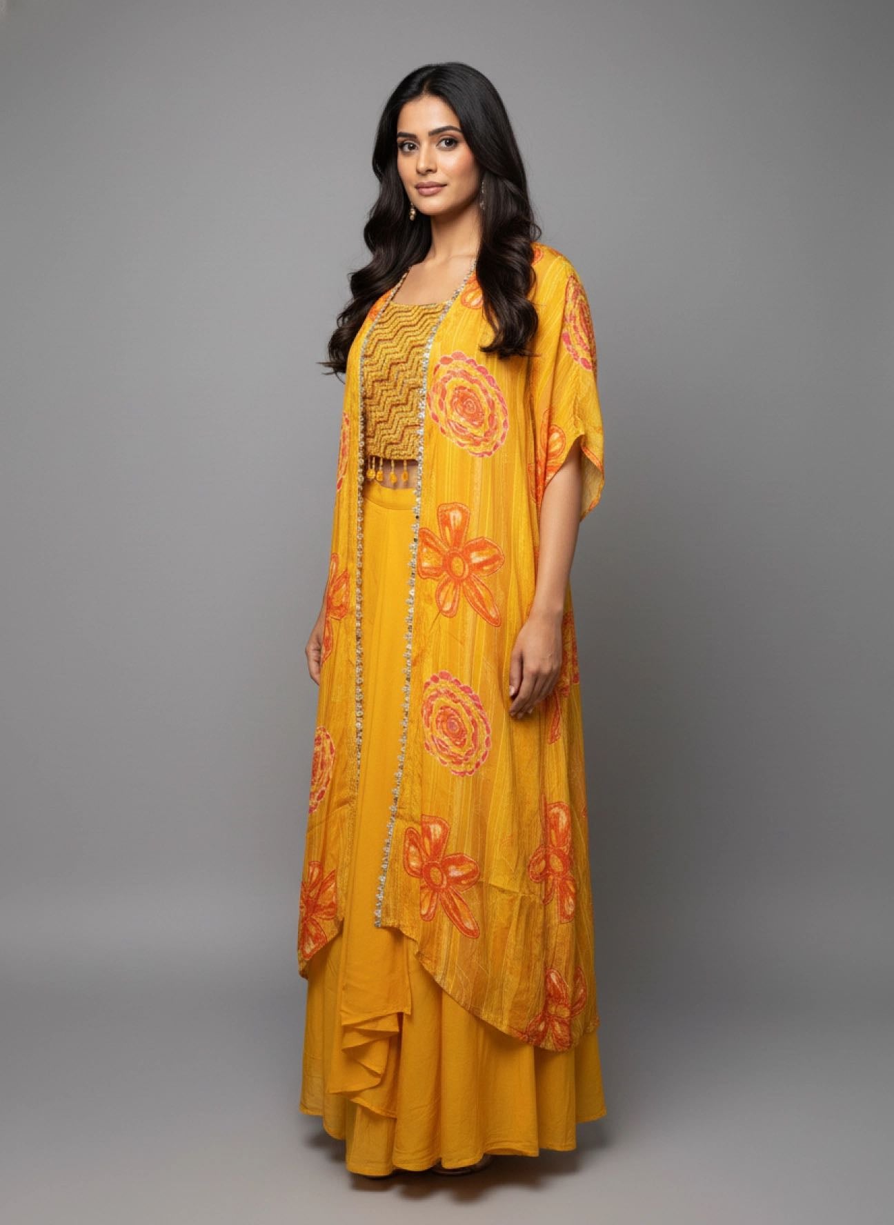Sunshine Yellow Silk Indo-Western Set with Floral Shrug & Embroidered Crop Top