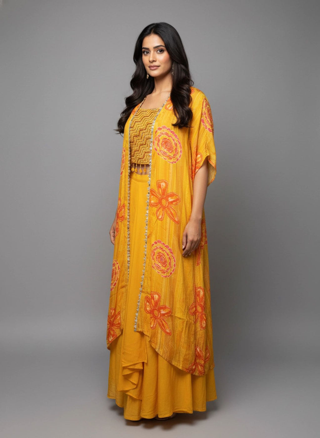 Sunshine Yellow Silk Indo-Western Set with Floral Shrug & Embroidered Crop Top