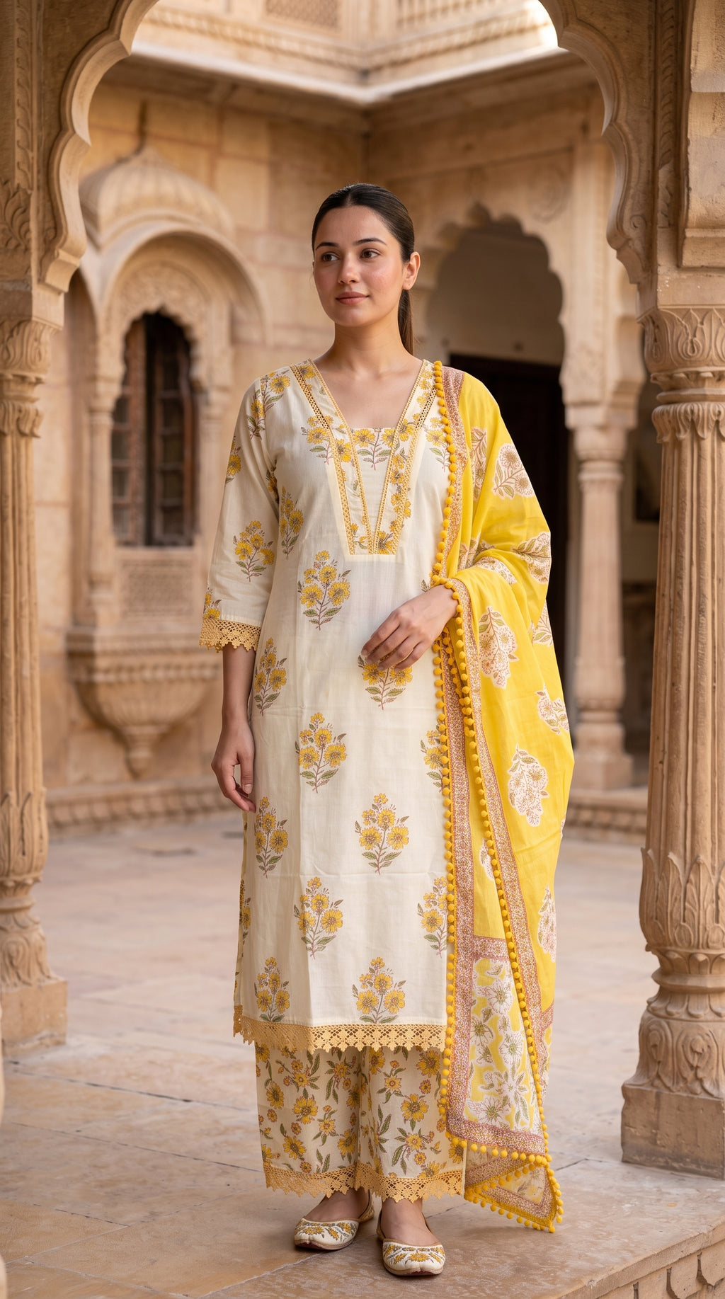 Ivory & Yellow Floral Block Print Cotton Kurta Set – Palazzo Suit