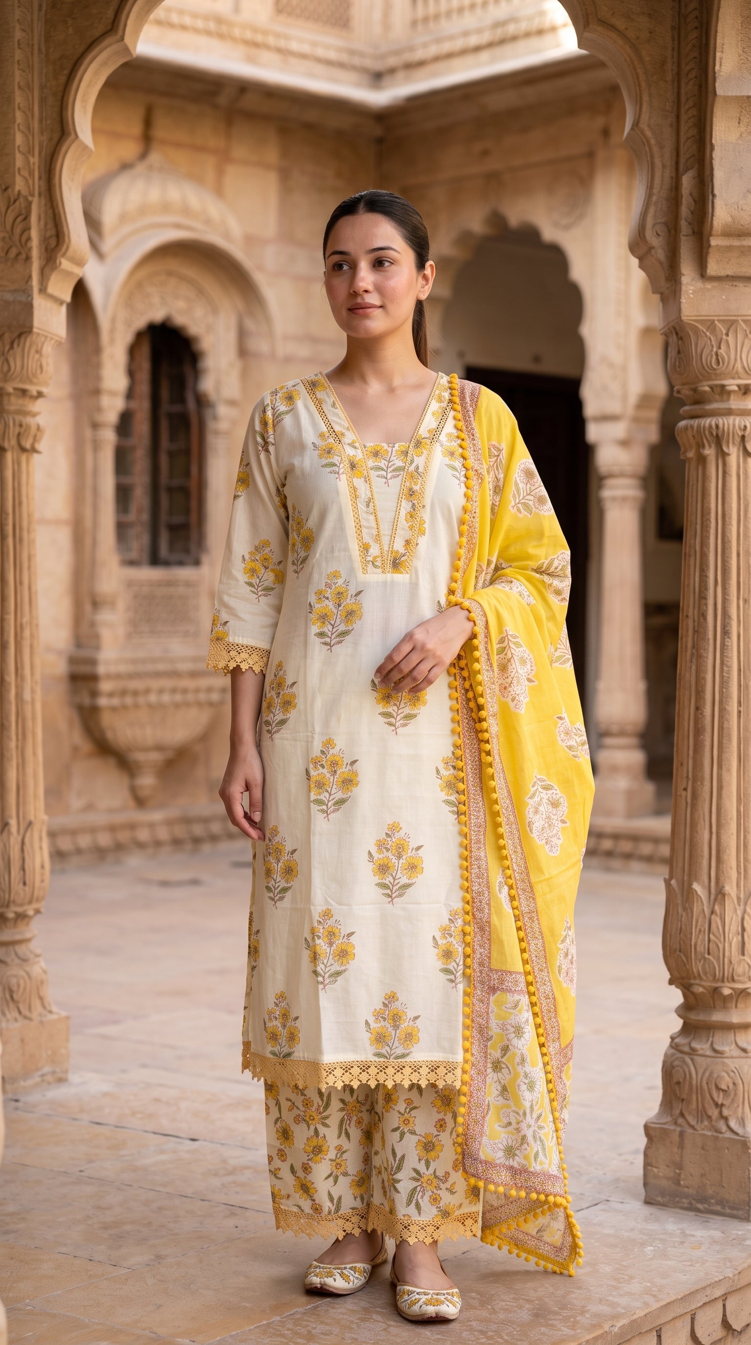 Ivory & Yellow Floral Block Print Cotton Kurta Set – Palazzo Suit