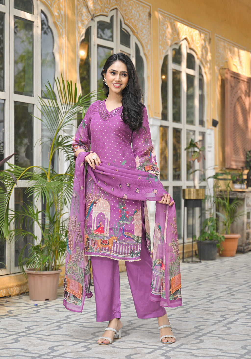 Purple Orgenza Suit Set With Elegant Neck Work And Print