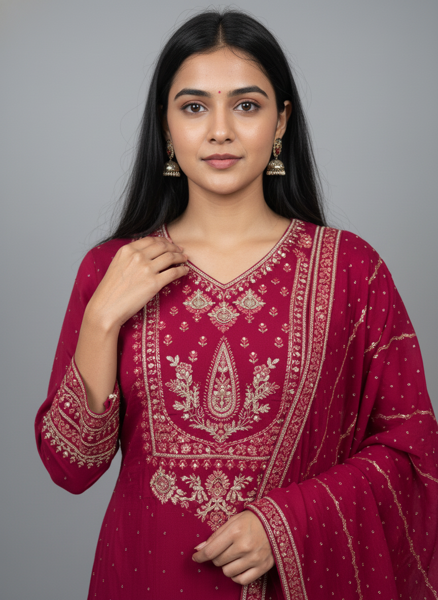 Magenta Embroidered Kurta with Patiala and Dupatta Set