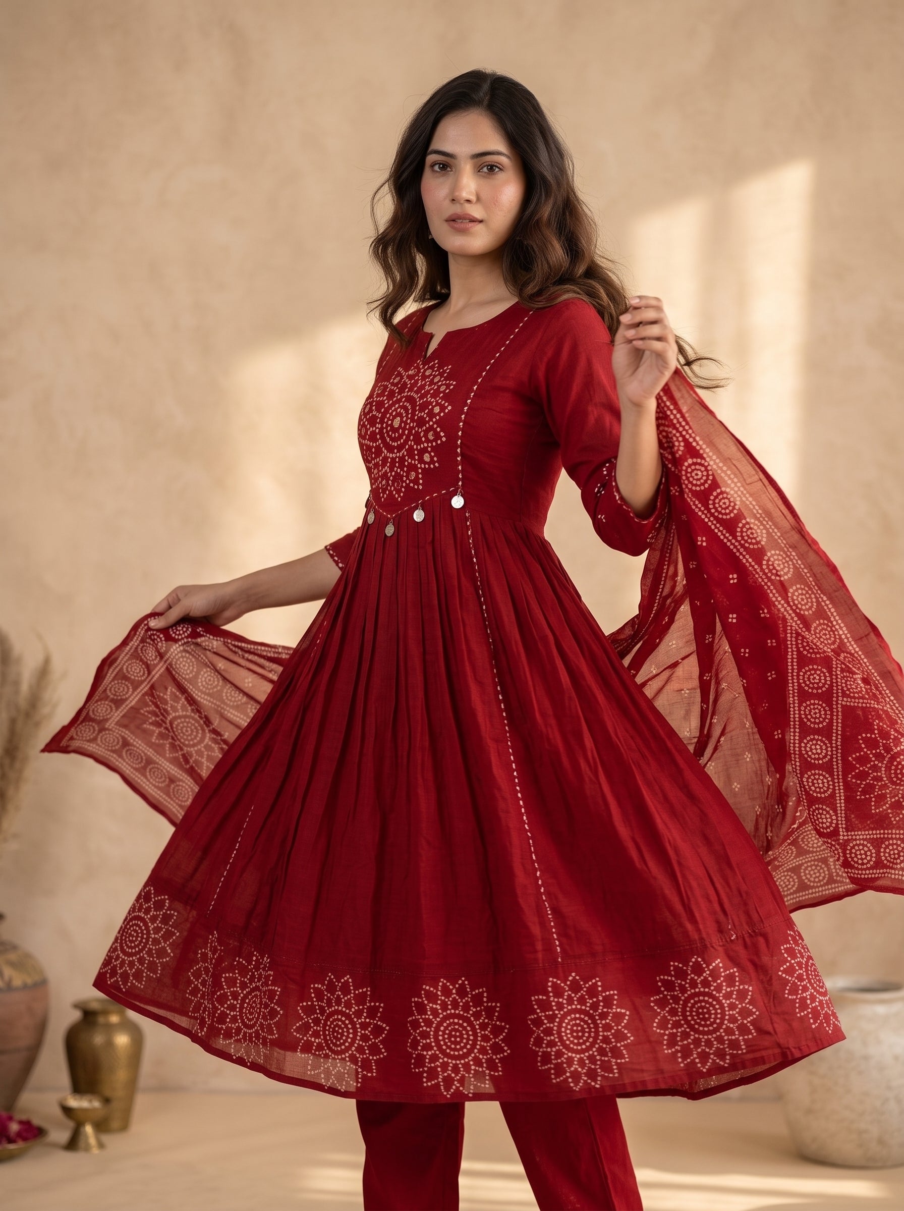 Red Bandhani Mirror Work Anarkali Kurta Set with Dupatta