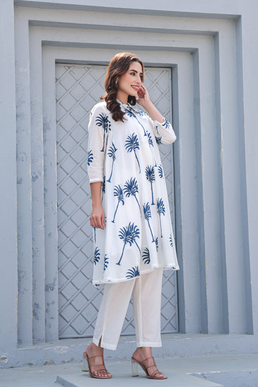 Palm Whisper – Modern White & Indigo Premium Cotton Co-ord Set