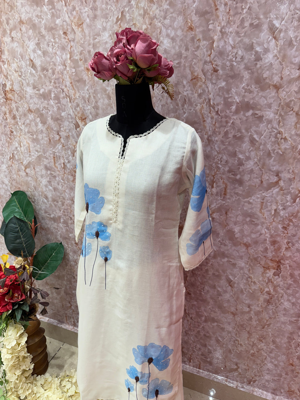 Elegant Off-White Floral Cotton Suit with Blue Accents