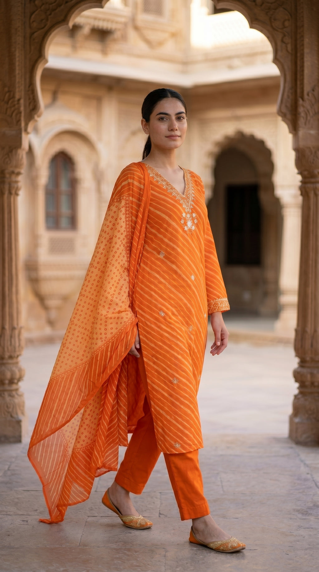 Orange Leheriya Print Cotton Kurta Set for Women – Straight Suit with Bandhani Dupatta