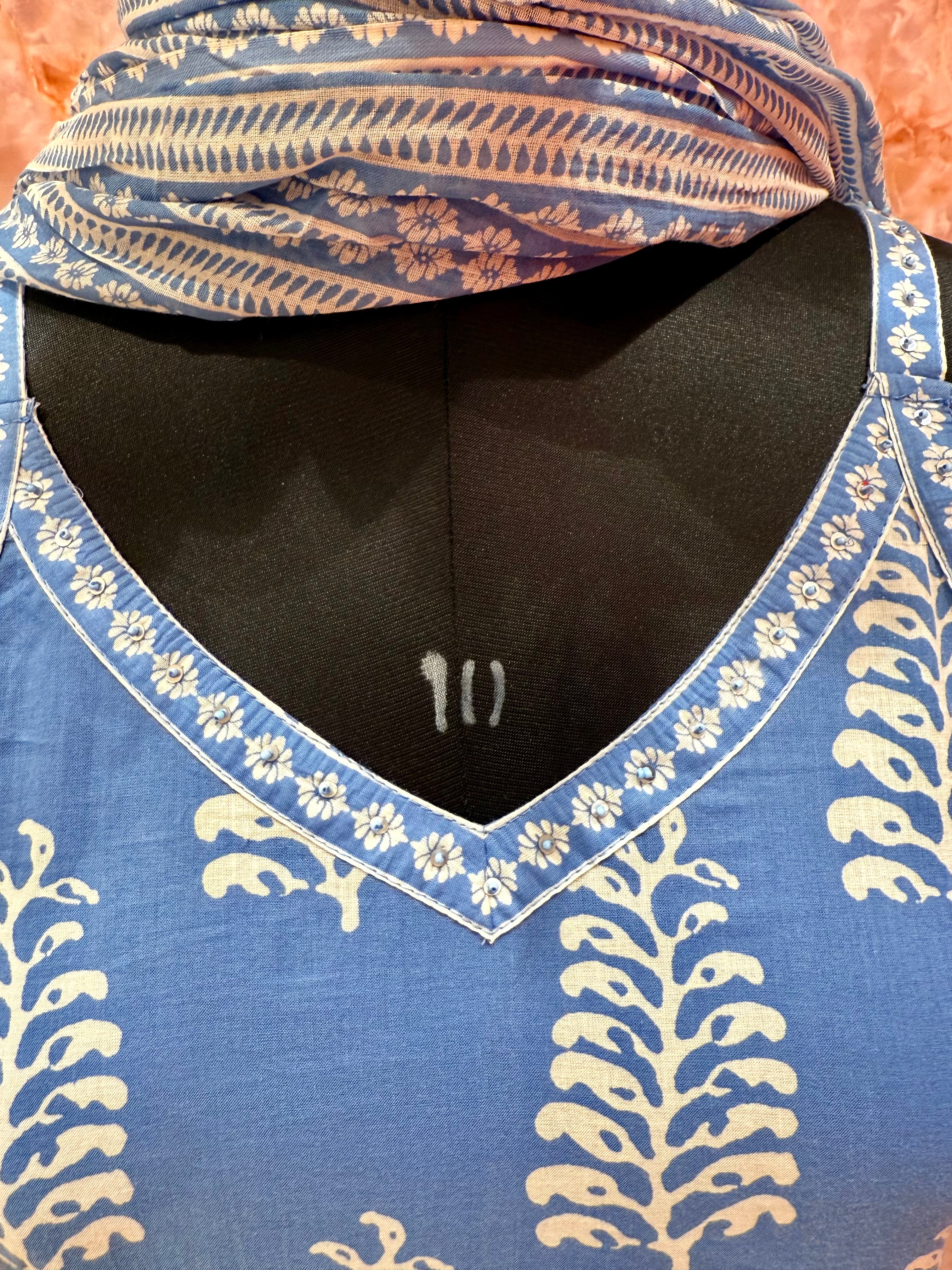 Elegant Indigo Handblock Printed Cotton Suit Set