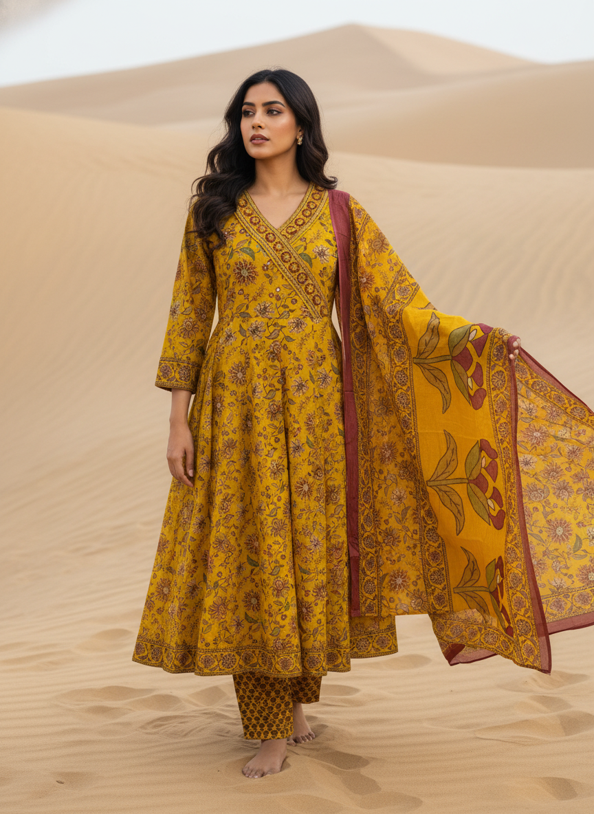 Mustard Yellow Floral Cotton Anarkali Set for Women – Printed Daily Wear Suit