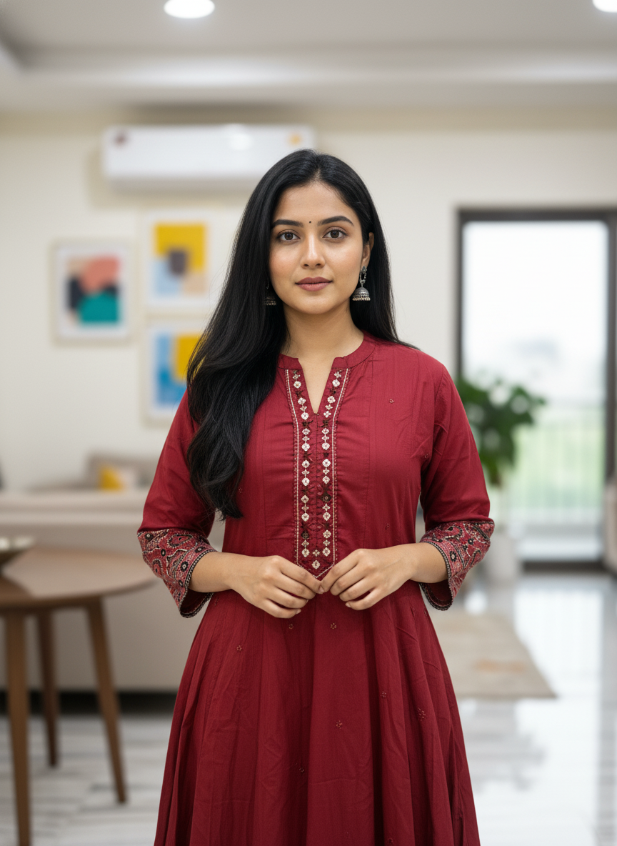 Brick Red Ajrakh Print Anarkali Cotton 3-Piece Suit Set