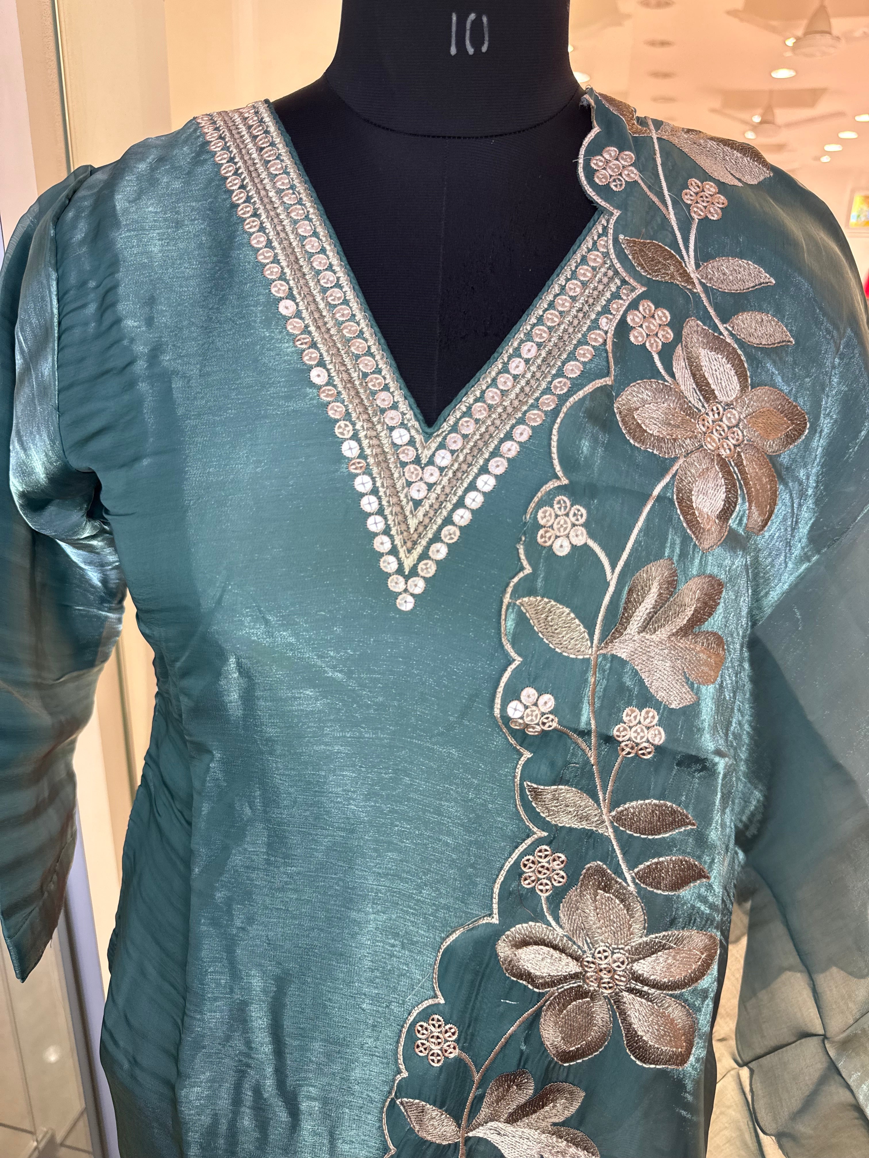 Teal Silk Floral Embroidered Suit Set