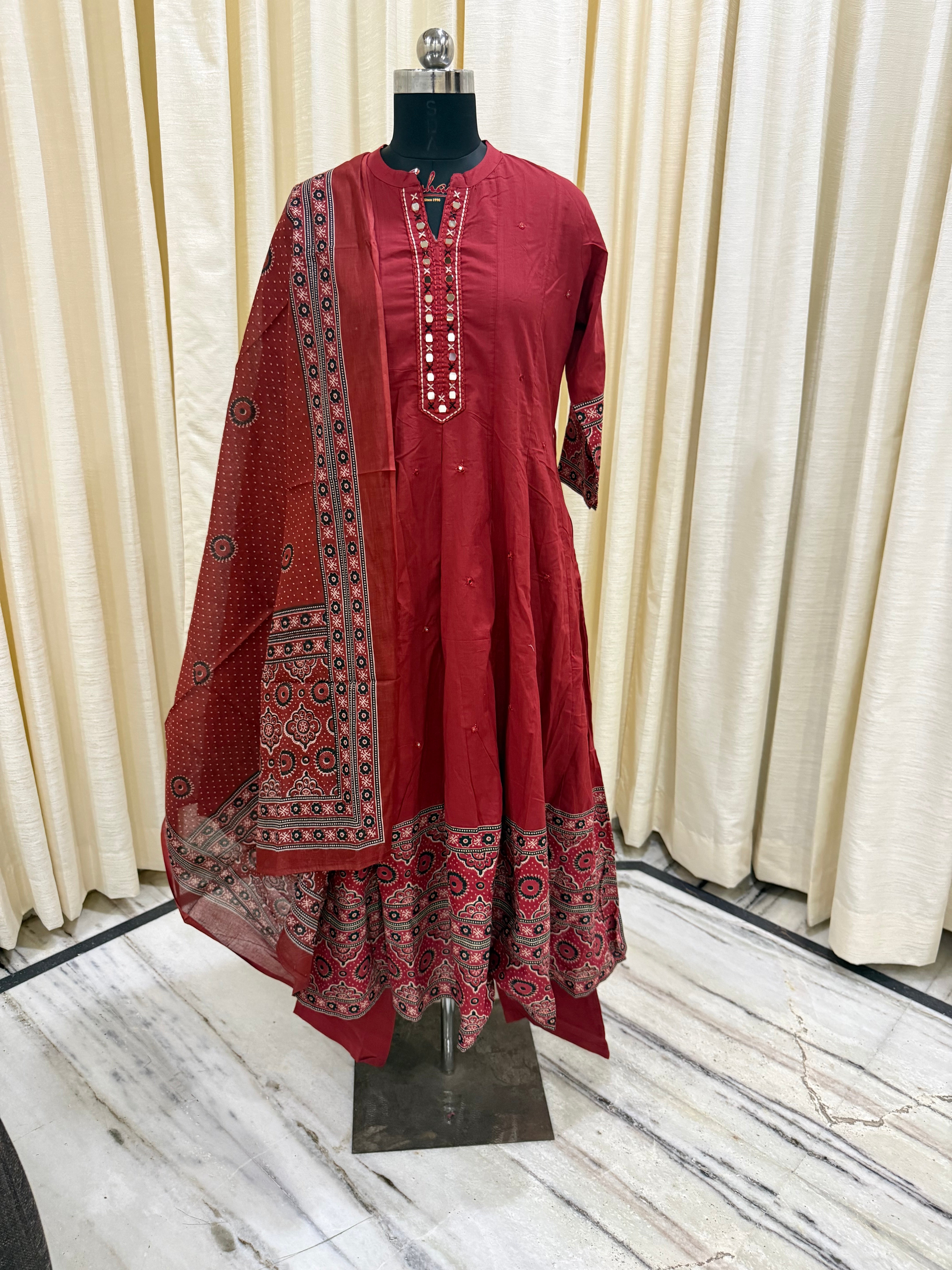 Brick Red Ajrakh Print Anarkali Cotton 3-Piece Suit Set