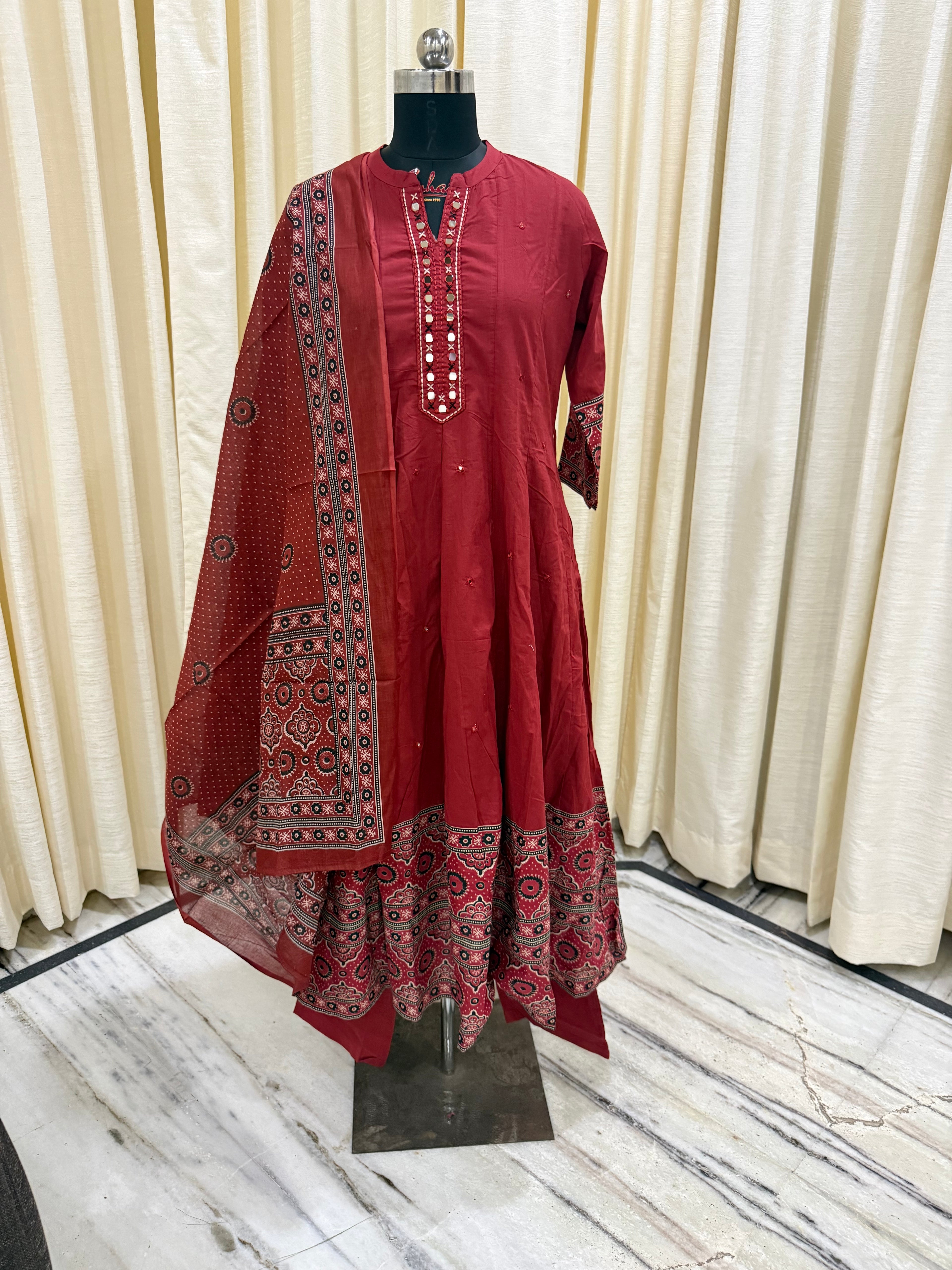 Brick Red Ajrakh Print Anarkali Cotton 3-Piece Suit Set