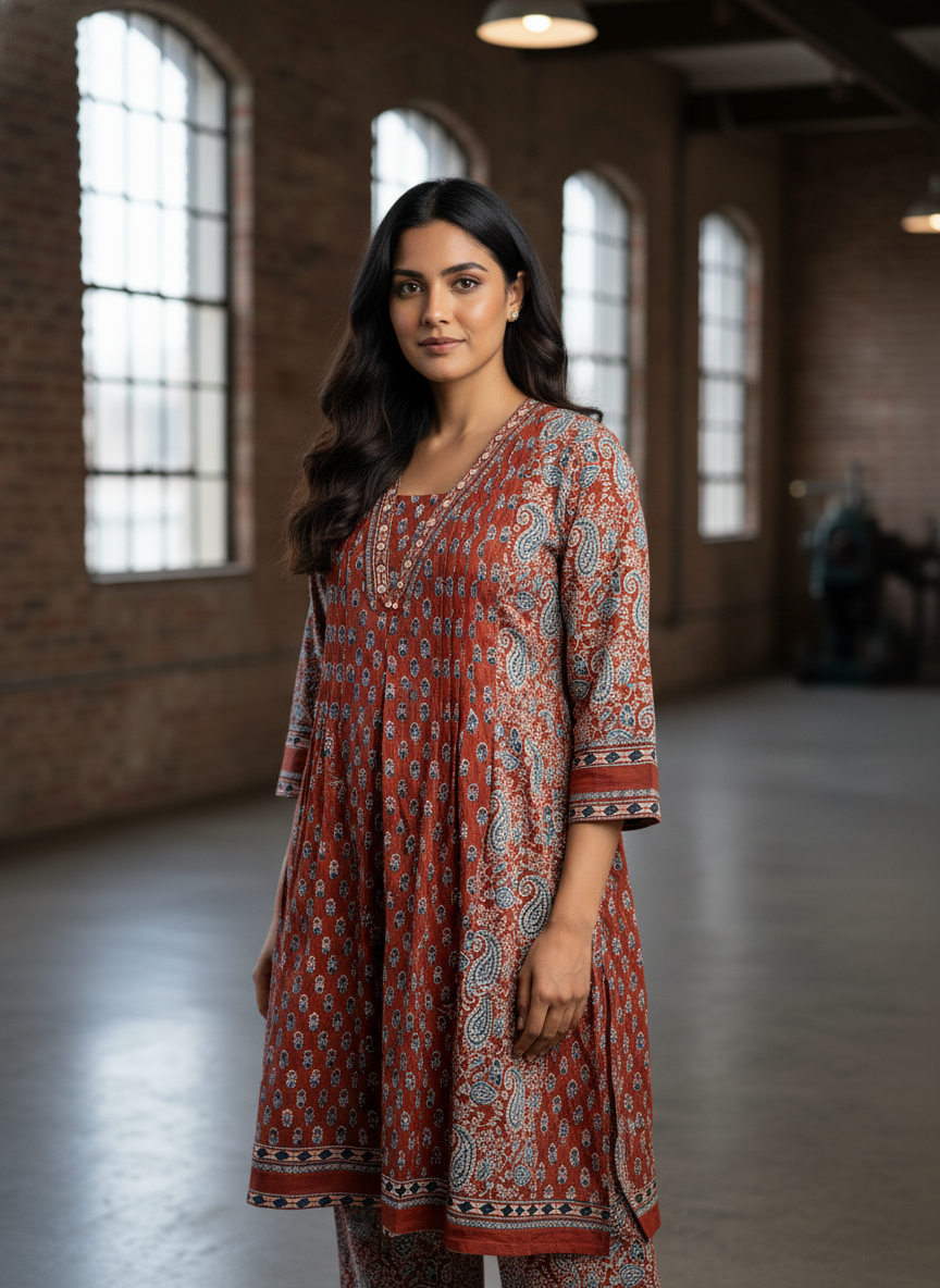 Rust Red & Indigo Ajrakh Print Cotton 3-Piece Suit Set