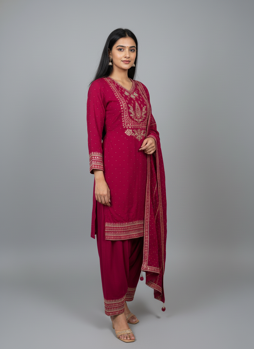 Magenta Embroidered Kurta with Patiala and Dupatta Set