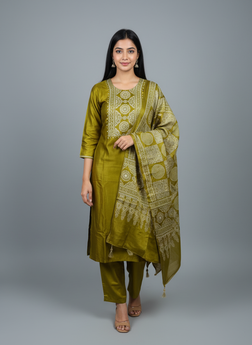 Olive Gold Satin Silk Embroidered Suit Set