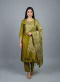 Olive Gold Satin Silk Embroidered Suit Set