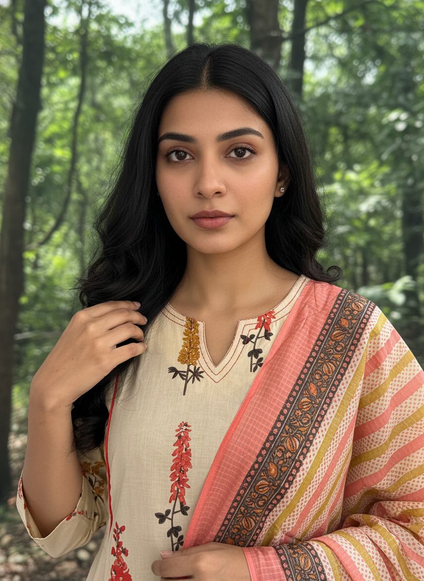 Beige & Coral Floral Cotton A-Line Set with Palazzo