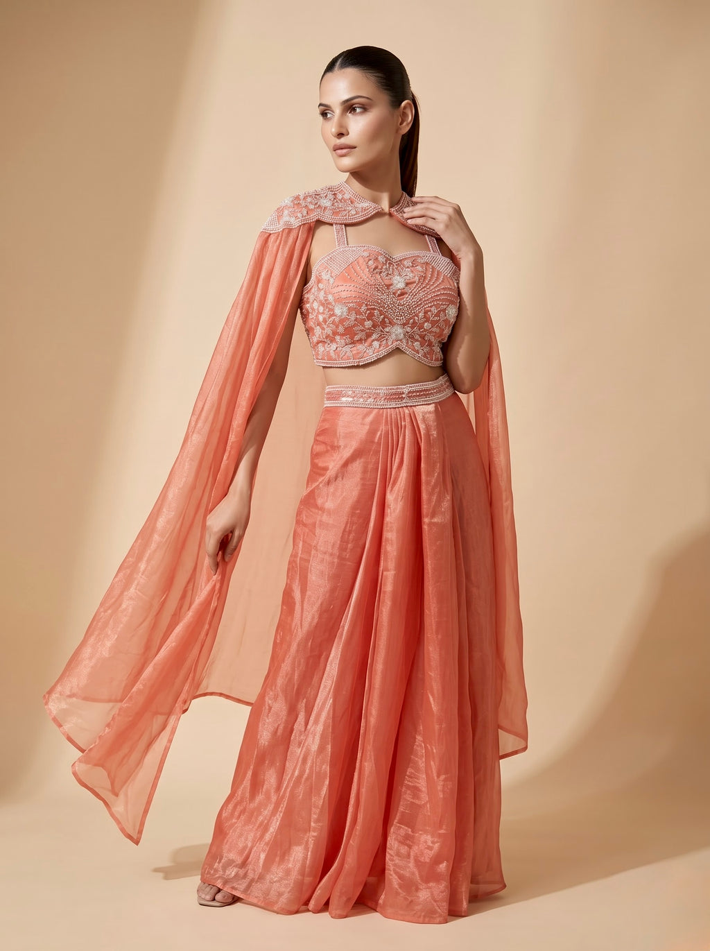 Peach Gucci Crepe Crop Top & Draped Skirt Set with Pearl Embroidered Cape