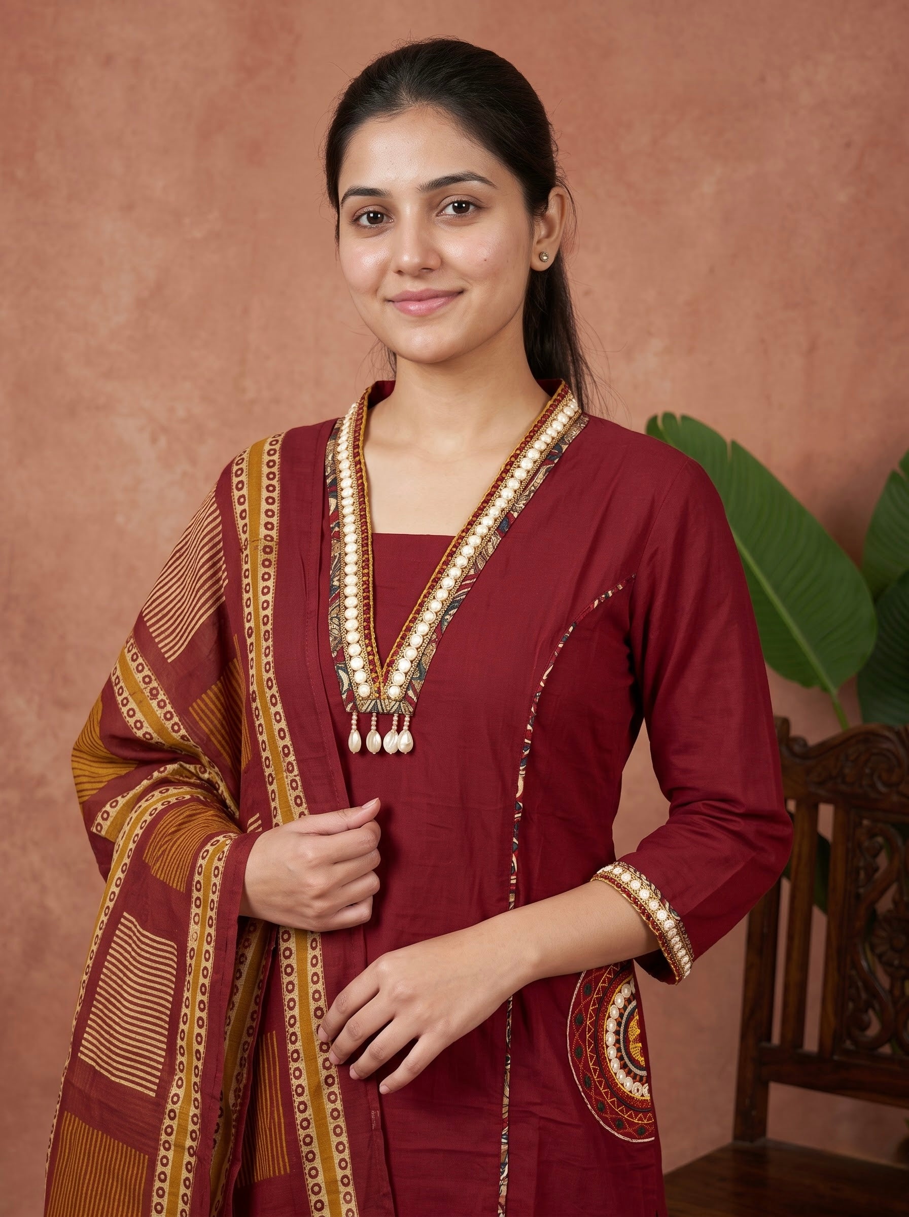 Maroon Premium Cotton Kurta Set with Embellished Neck & Printed Dupatta