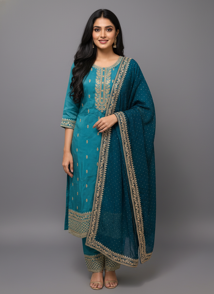 Straight-Cut Suit in Firozee with Gold Zari Embroidery