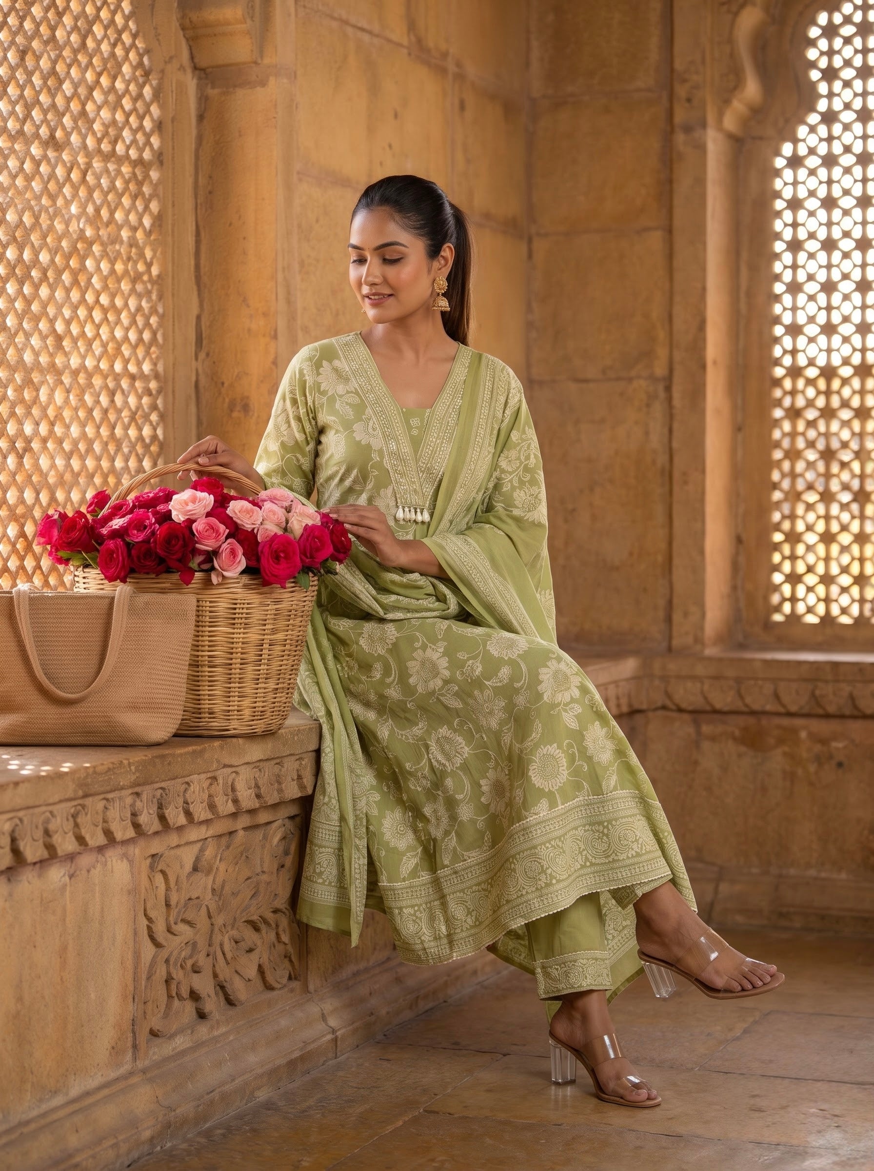 Sage Green Floral Print Premium Cotton Kurta Set