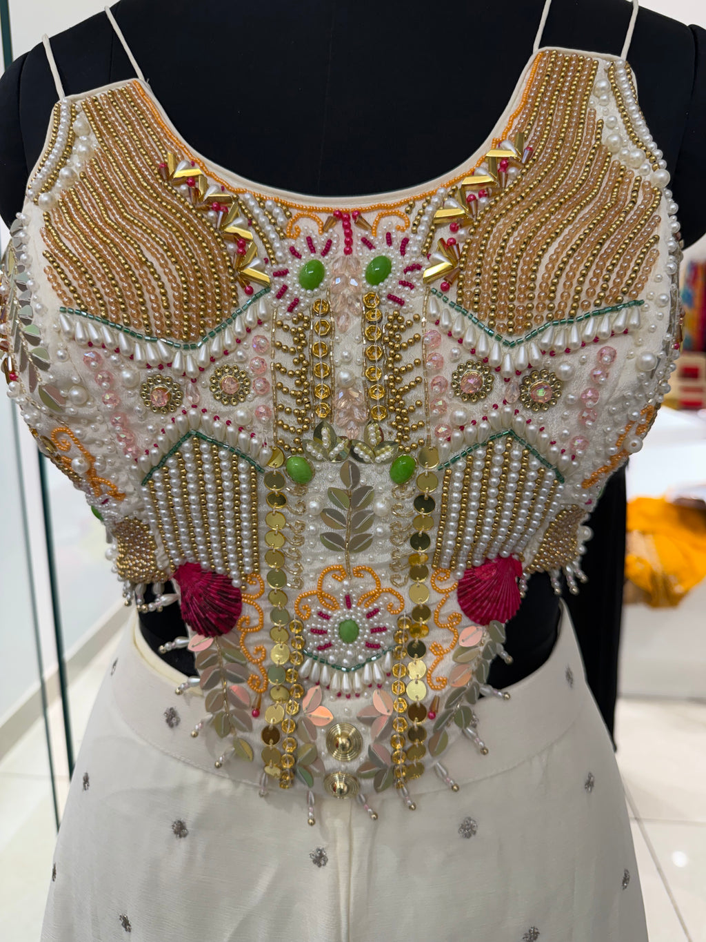 Ivory Georgette Flared Palazzo Set with Embellished Crop Top