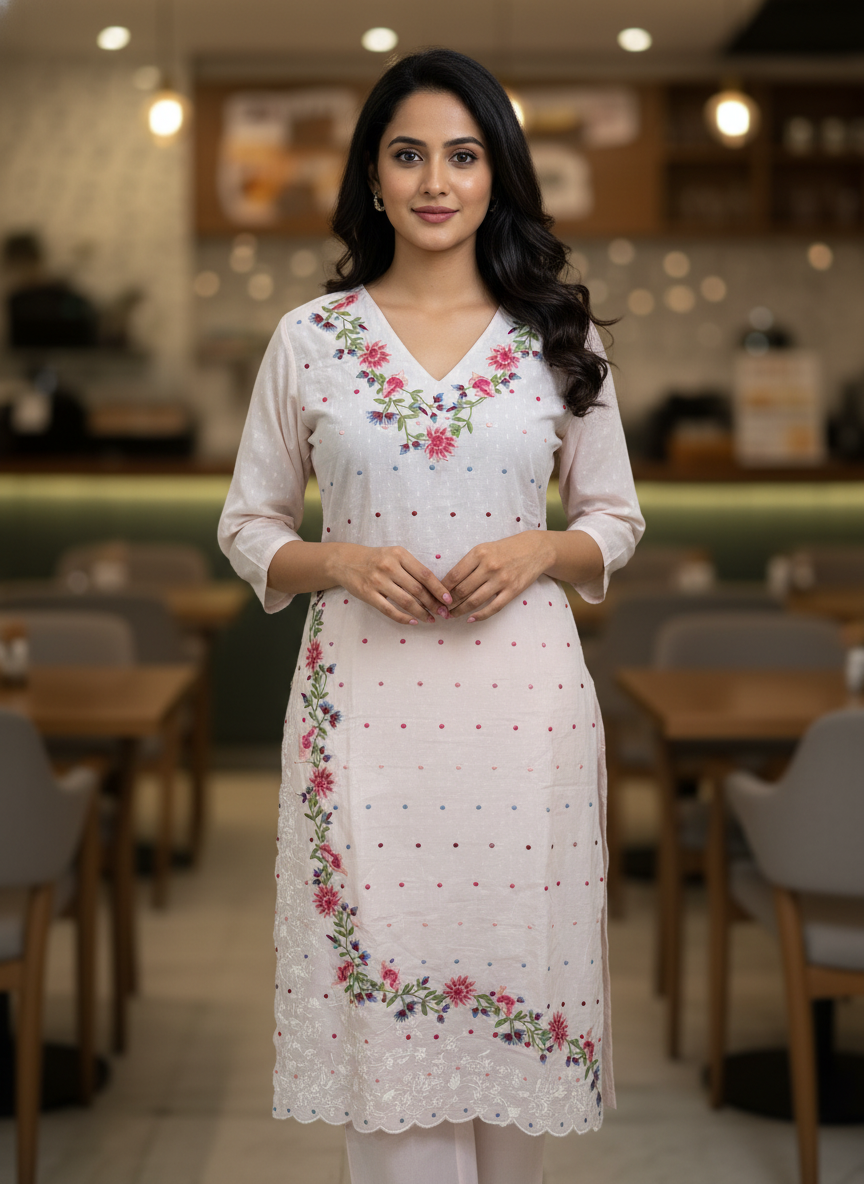 Nude Pink Floral Embroidered Cotton Kurta Set with Scalloped Hem