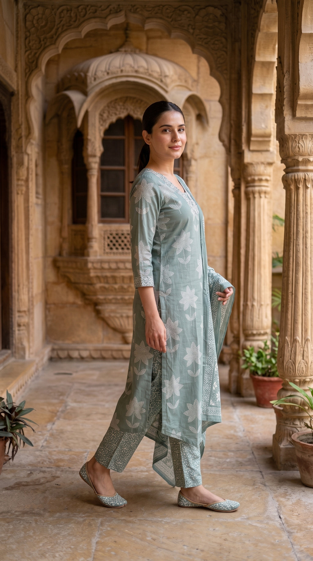 Sage Green Floral Block Print Cotton Kurta Set – Straight Suit
